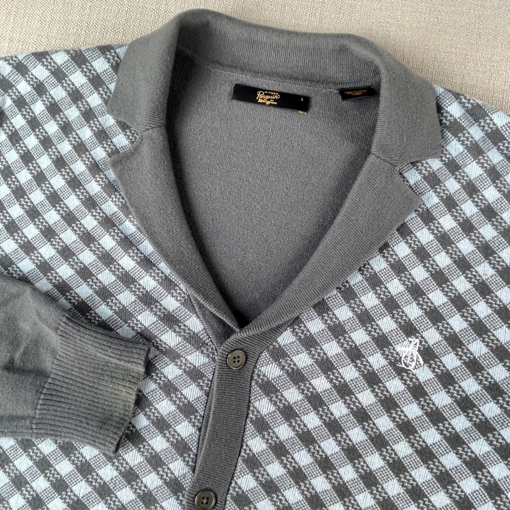 Original Penguin Cardigan Sweater Mens Large Grey Blue Diamond Check Button Up
